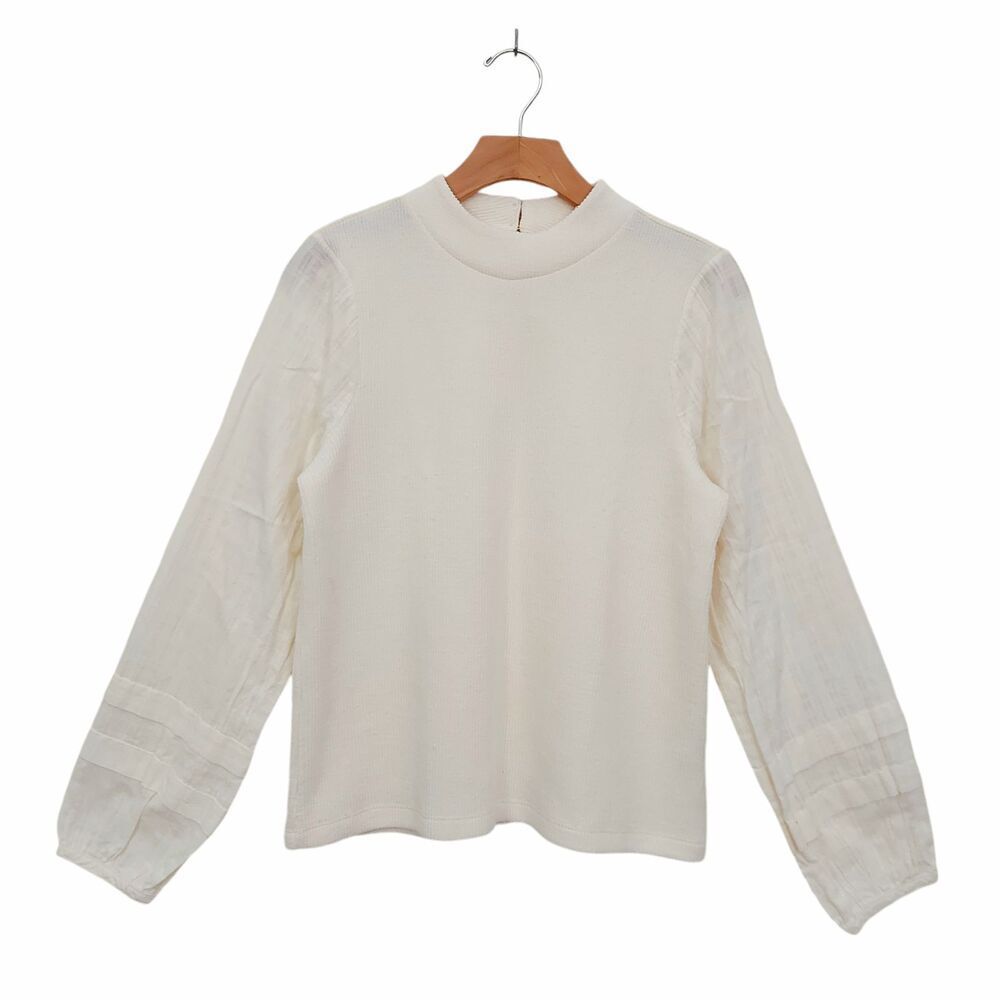 Madewell Weavemix Mockneck Bubble-Sleeve Top Womens Medium Cream Ribbed Boho